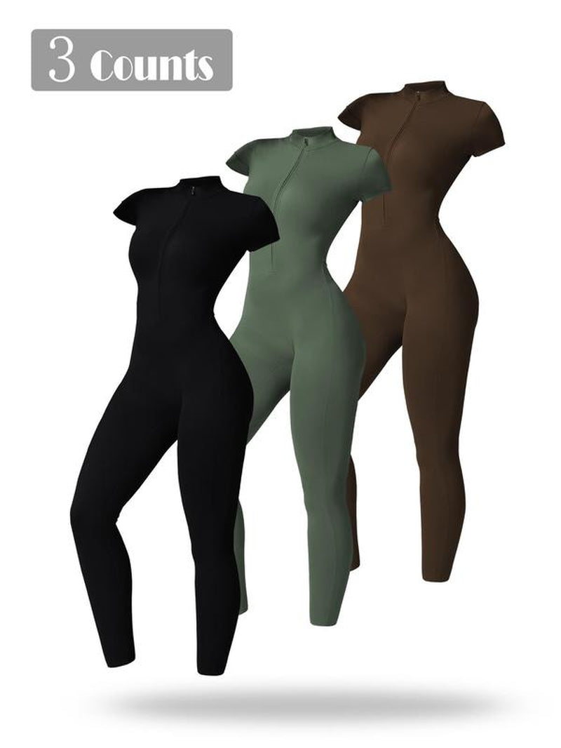 Women'S Solid Short Sleeve Half Zip Sports Jumpsuit, Sporty Stand Collar Skinny Jumpsuit for Yoga Gym Workout, Ladies Sportswear for All Seasons