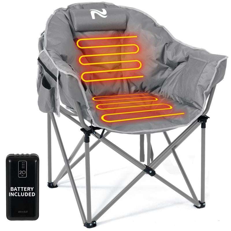 MOPHOTO Heated Camping Chair with Battery, Portable Oversized Heated Folding Chairs, Outdoor Padded Heating Lawn Chair Patio Lounge Chairs for Adults